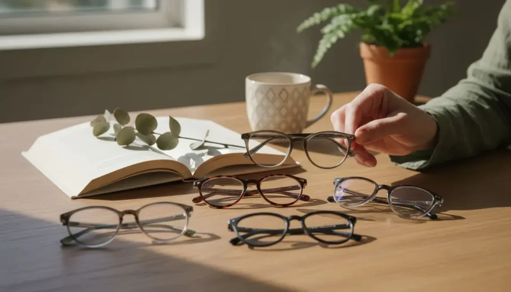 Eyeglasses frames displayed on a wooden table with a person selecting a pair