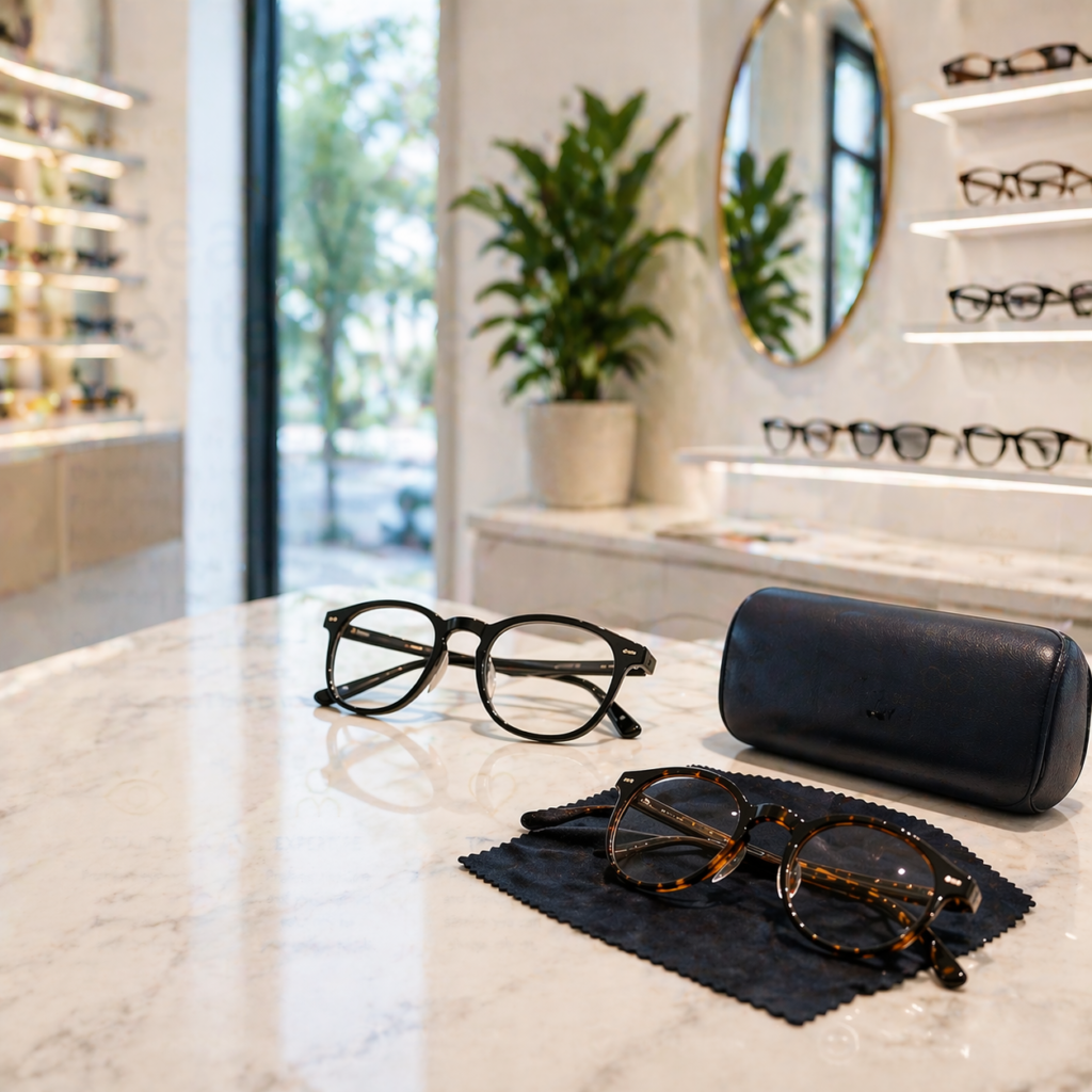 Modern optical store interior with stylish eyeglasses display and vision care products